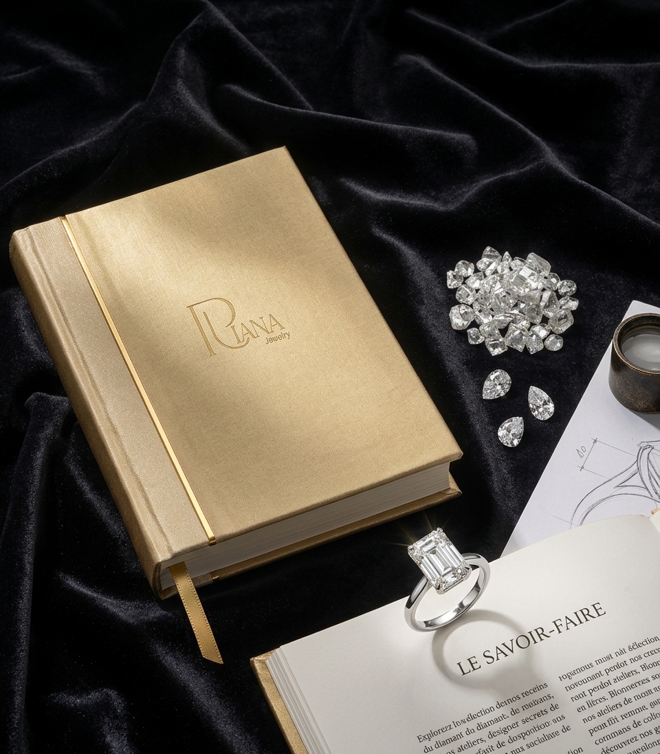 Le journal Riana : carnet doré, diamants et solitaire taille émeraude